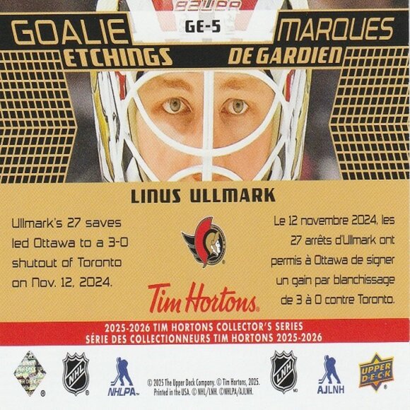 Linus Ullmark - 2025/2026 Goalie Etchings Series Card - Picture 2 of 2